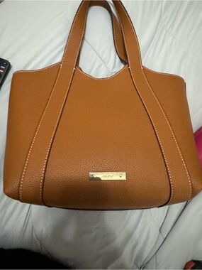 Aldo Brown tote with pink makeup bag